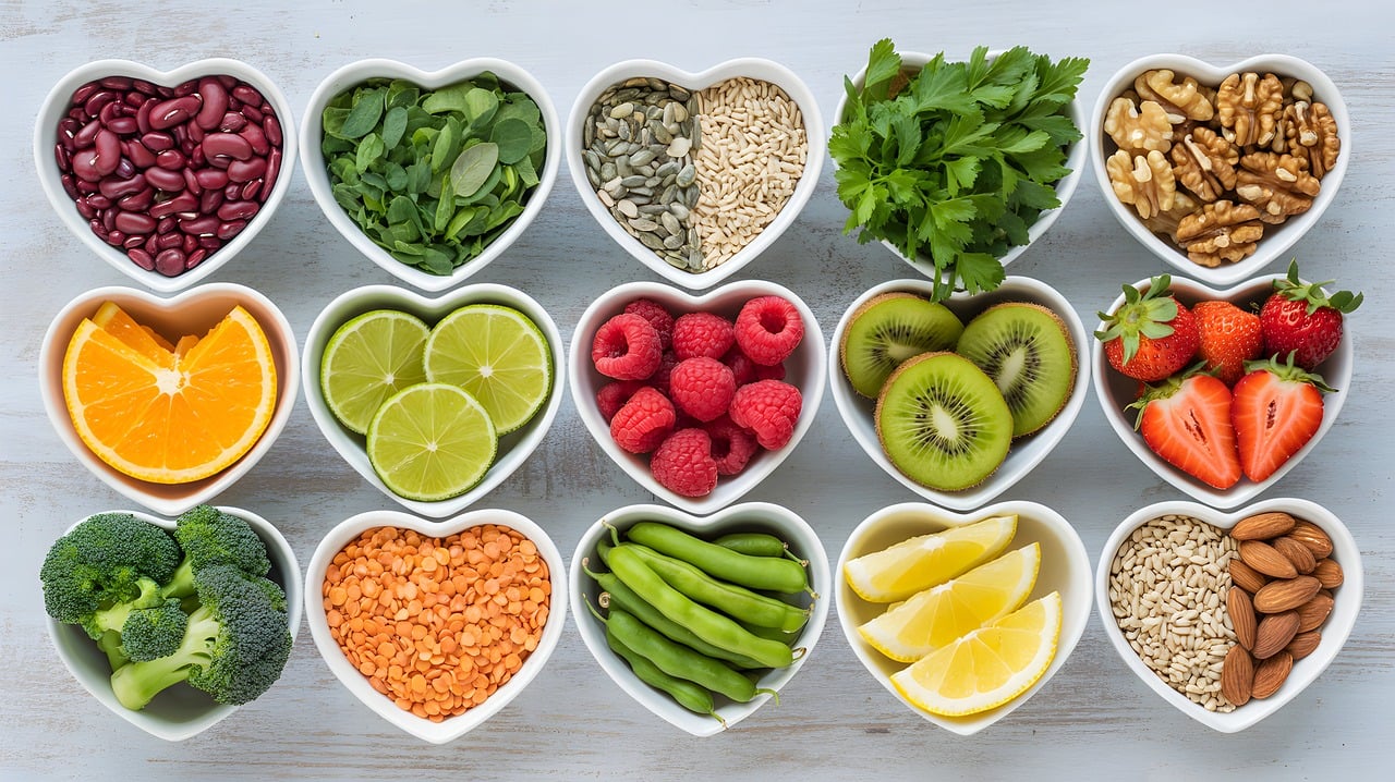 ai generat, alimente sănătoase, ingrediente colorate, forma de inima, nutriție, fructe, legume, leguminoase, nuci, semințe, verdeaţă, fasole, fructe de padure, superalimente, vitamine, antioxidanți, organic, gustări, pregătirea mesei, sănătoase, dietă, bunastare, plan de dieta, gătit, culinare