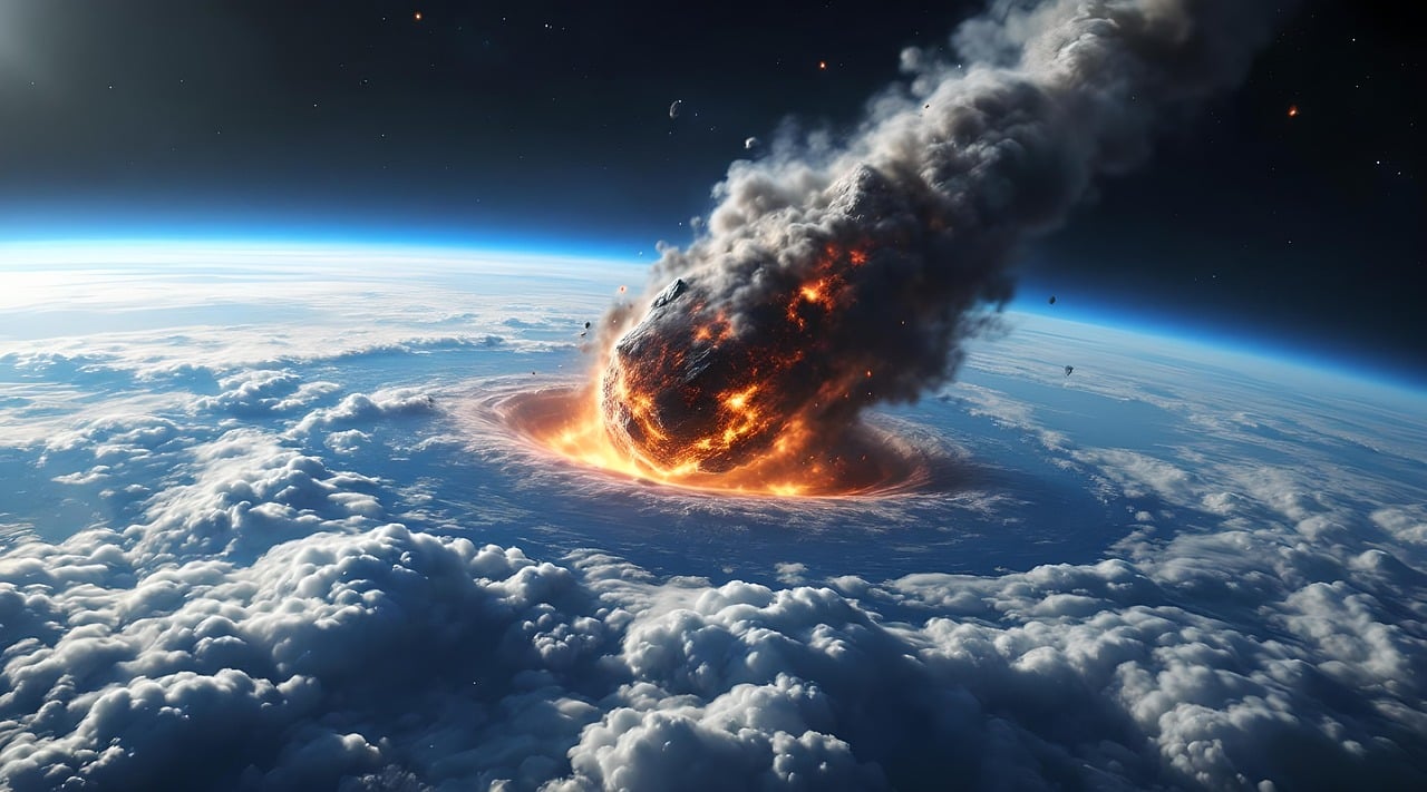 ai generiert, meteor, asteroid, einschlag, planet, komet, wolken, feuerball, atmosphäre, raum, apokalypse, weltuntergang, katastrophe, himmel, kosmos, kollision, rauch, stoßwelle, science-fiction, kosmisch, flammen, erde, zerstörung