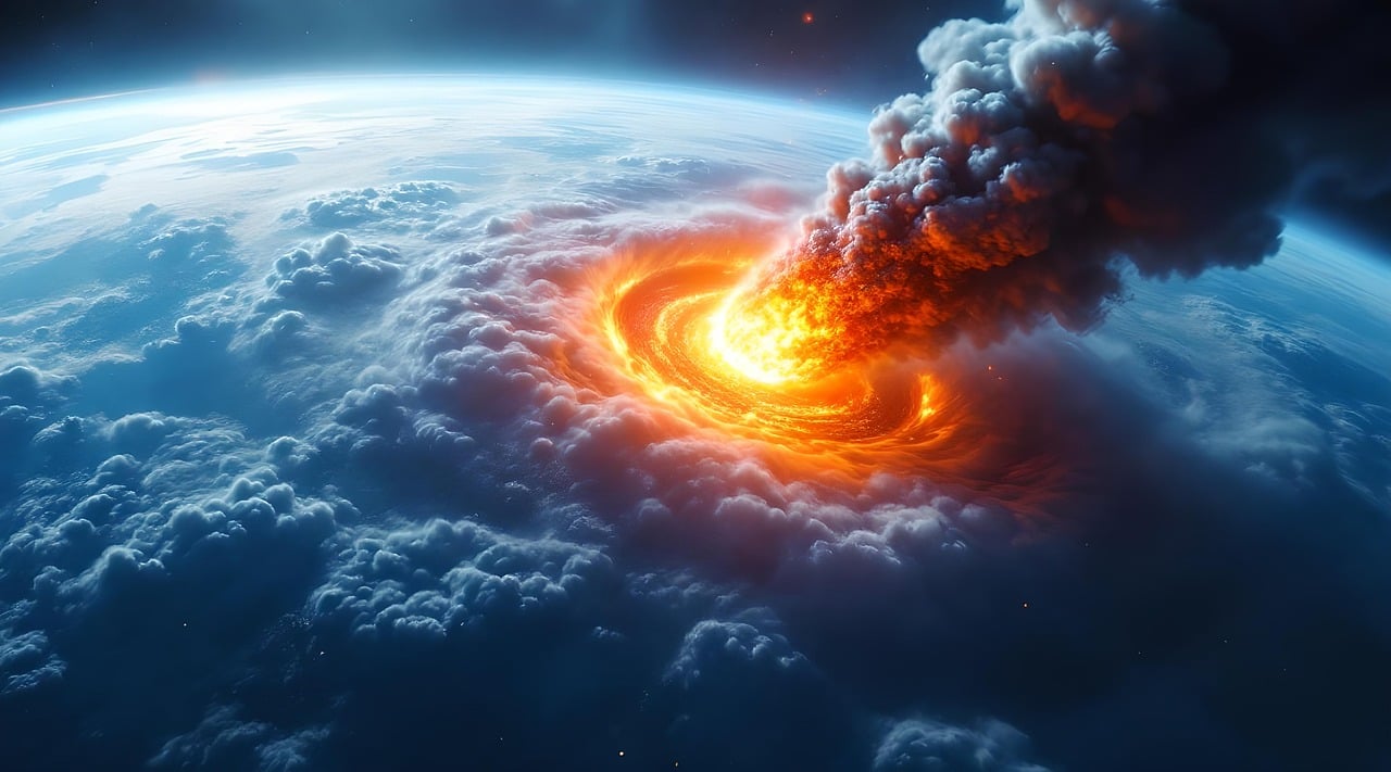 ai generiert, einschlag, meteorit, asteroid, meteor, explosion, planet, stoßwelle, wolken, atmosphäre, feuer, kosmisch, katastrophe, kollision, wärme, raum, natur, erde, science fiction, licht, rauch, energie, apokalyptische, brennen