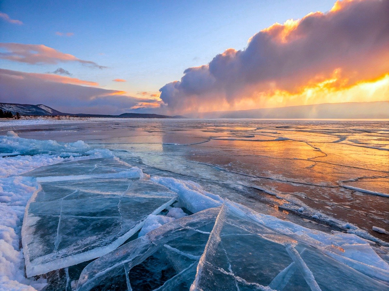 siberië, meer, natuur, sneeuw, landschap, seizoen, berg, december, ijs, vorst, bevroren, mist, sunrise, lucht, ochtend, horizon, panorama, ai gegenereerd