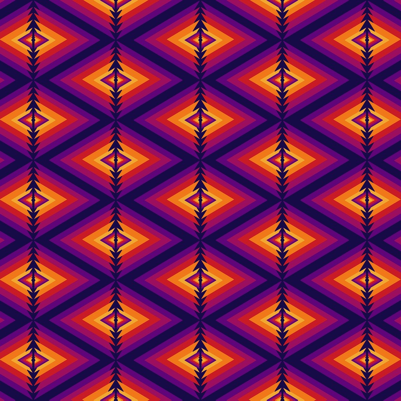 minta, geometriai, színes, ismétlődő, szimmetria, retro, merész, élénk, absztrakt, design, művészet, ornamentális, alakzatok, díszítő, modern, varratmentes, lila, narancssárga, csempe