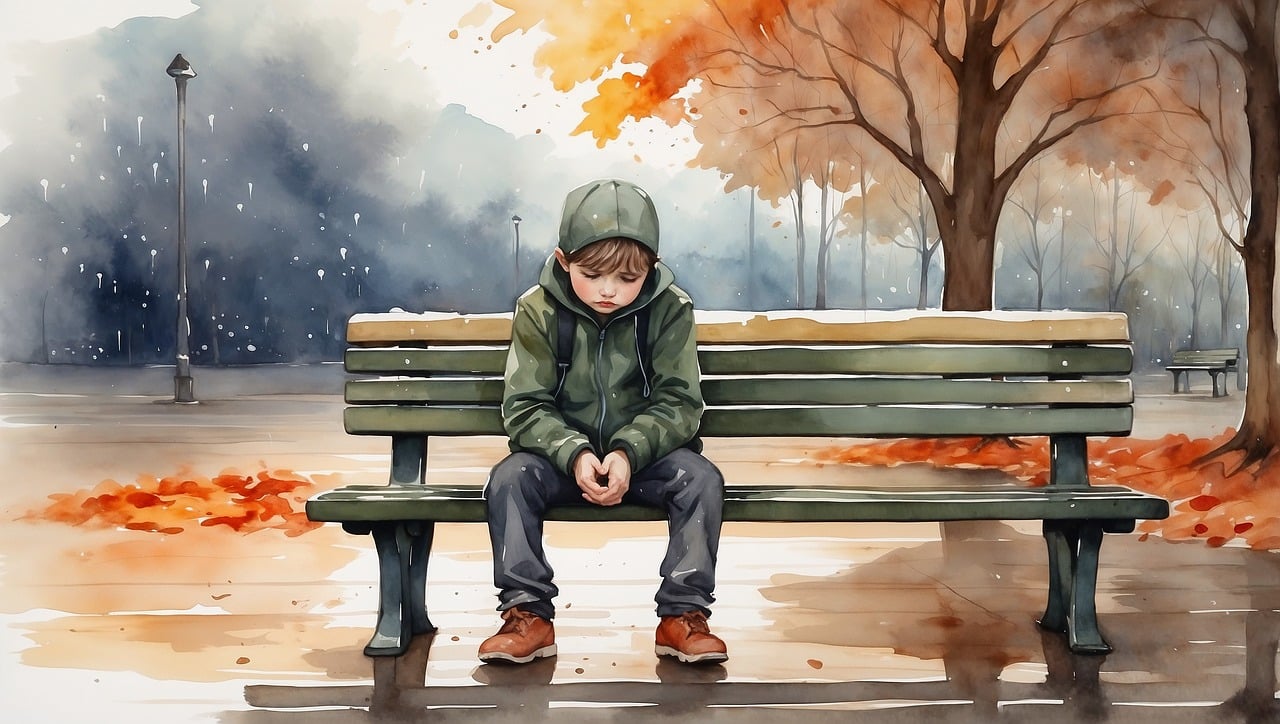 lonely, sad, boy, park bench, autumn, rainy, forlorn, contemplation, solitude, distressed, quiet, cold, desolate, poignant, reflective, pensive, melancholic, outdoor, street lamp, fallen leaves, ai generated