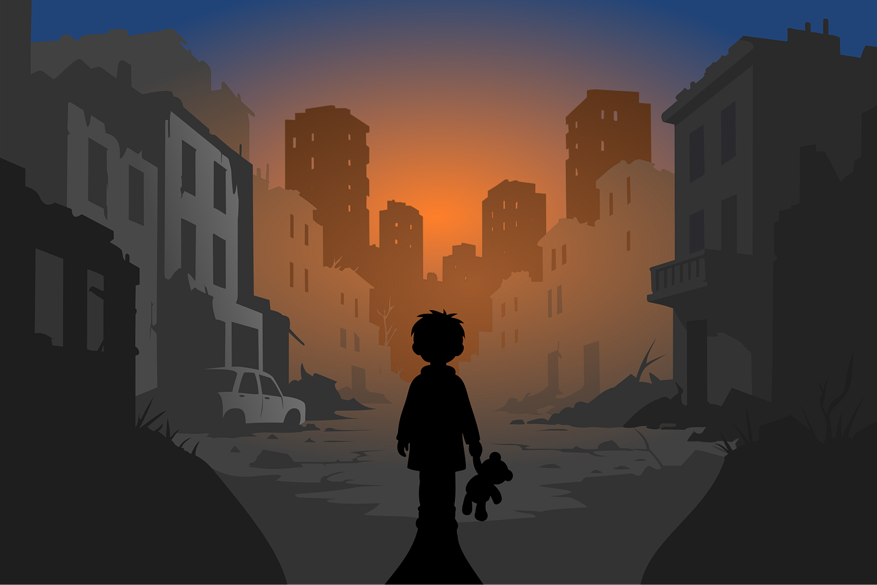 post-apocalyptic, ruins, apocalypse, the destruction of the, imagination, surreal, future, dark, city, horror, frightening, street, buildings, child, teddy bear