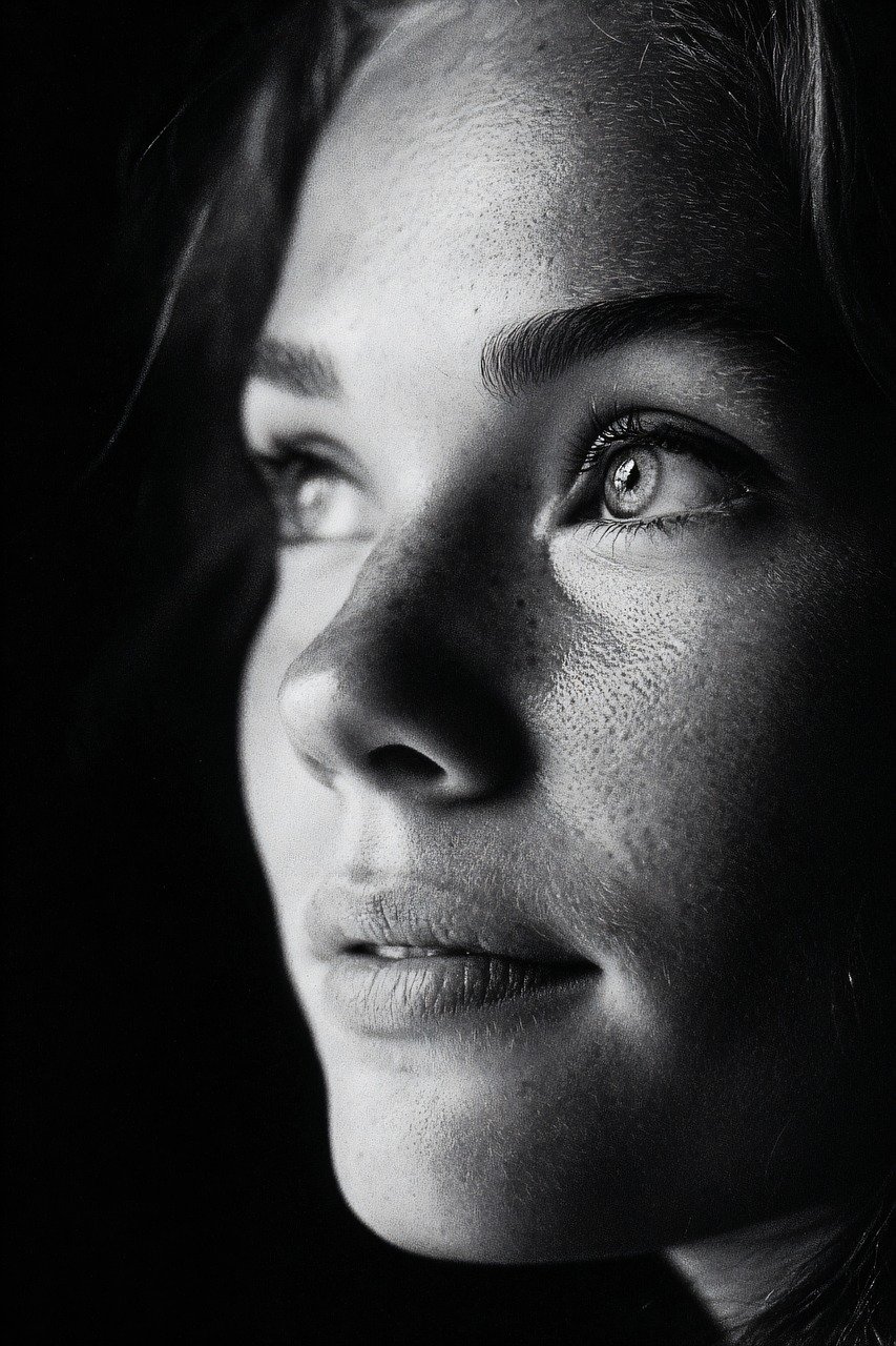 mulher, rosto, emoção, b w, retrato