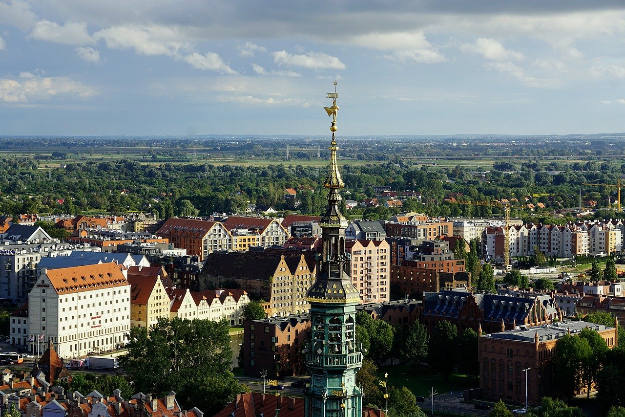 city, buildings, panorama, water, sky, clouds, the horizon, church, monument, architecture, facade, poland, close up