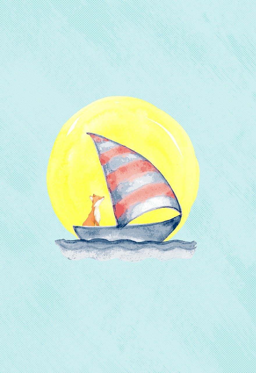 fox, animal, nature, wildlife, wild, mammal, painting, fauna, canine, boat, sailboat, ship, water, sea, sailing, design, cartoon, cute, minimalist, greeting card, copy space, ocean, watercolor