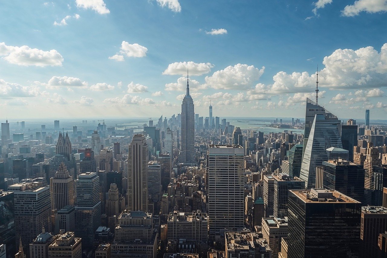 skyscrapers, skyline, city, circle, calculate, template, diamonds, squares, architecture, building, commercial building, facade, modern, utopia, television tower, panorama, background, ai generated