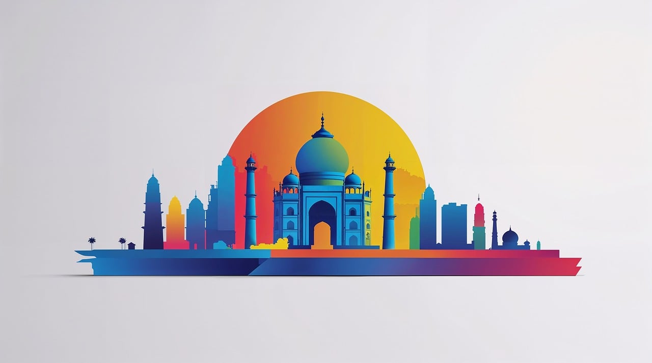 ai generated, india, skyline, temple, architecture, landmark, monument, culture, travel, tourism, sunset, cityscape, vibrant, colorful, historic, palace, dome, minaret, asia, heritage, icon