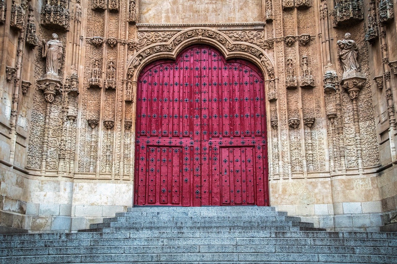 door, red, cathedral, architecture, stairs, salamanca, spain