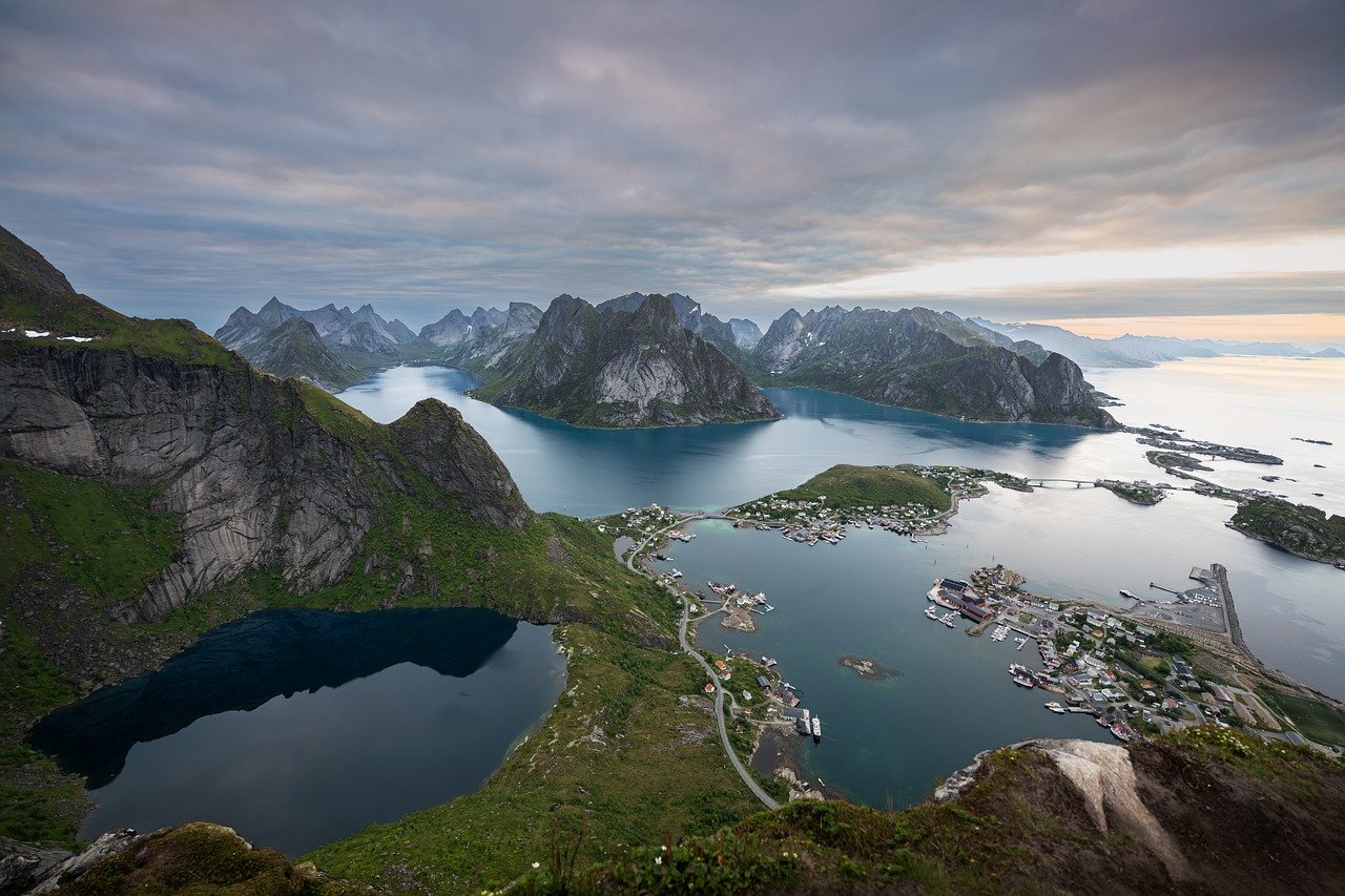 reinebringen, lofoten, islands, sea, panorama, mountains, fjords, ocean, bridges, scenery, norway, nature