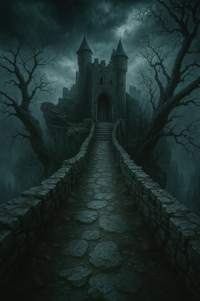 haunted castle, spooky forest, stone path, gothic architecture, eerie trees, misty trail, medieval ruin, ghostly atmosphere, fantasy horror, cursed castle, castle at night, creepy woods, abandoned fortress, horror scenery, ghost path, twisted trees, dark fairytale, medieval horror, nightmare setting, supernatural vibe, stormy night, scary trail, ancient stronghold, ai generated