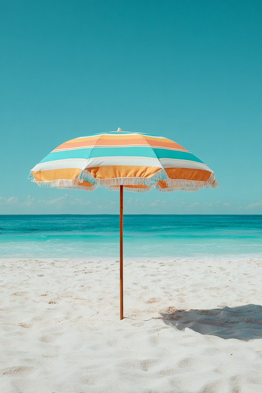 umbrella, nature, beach, summer, sand, teal, orange, sunny