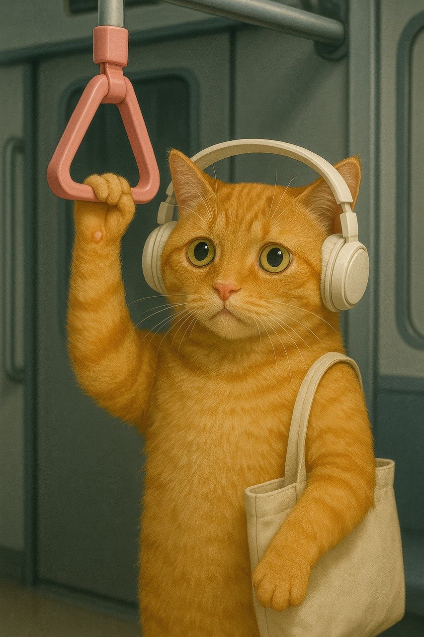 ai generated, cat, transportation, subway, nature, headphones, orange, animal, cute, feline, ginger, passenger, commute, listening, cartoon, anthropomorphic, funny, pet, riding, bag, handle, urban, train, travel, artwork