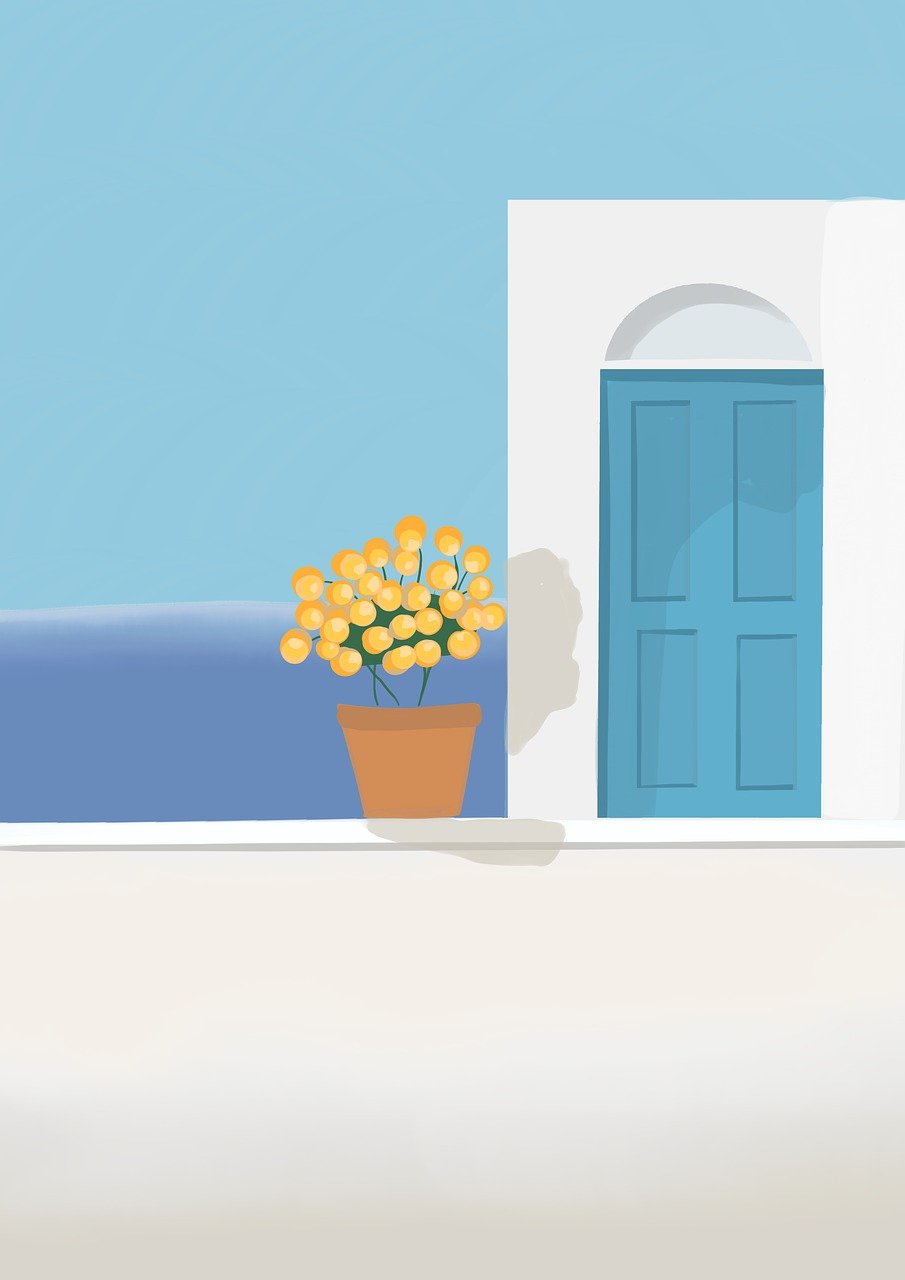 flower, plant pot, plant, nature, house, door, sea, art