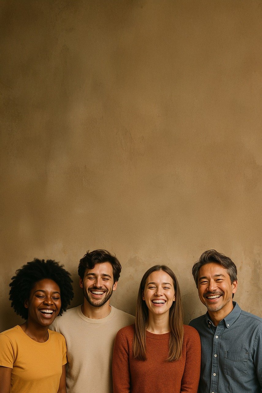 ai generated, laughter, joy, happiness, smiles, friends, diverse, cheerful, content, positive, relaxed, group, individuals, brown background, casual, candid, natural, delightful, beaming, warm, united