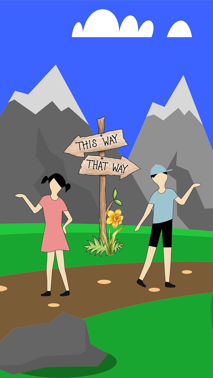 children, people, kids, child, boy, girl, path, sign, direction, signpost, journey, navigation, friends, geography, explore, decision, choice, question, confused, choose, outdoors, travel, copy space, greeting card