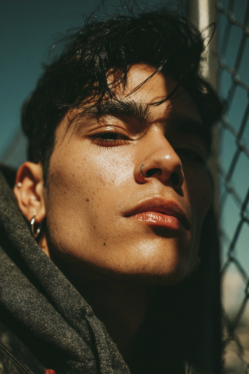 man, young, piercing, portrait, face, urban, city
