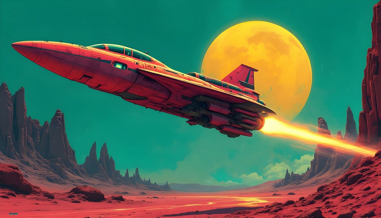 ai genererad, retro, årgång, gammal, framtida, teknologi, plats, vetenskap, futuristiska, universum, plan, flygplan, flyg, flygande, transport, jet, natur, rymdskepp, galax, planet, raket