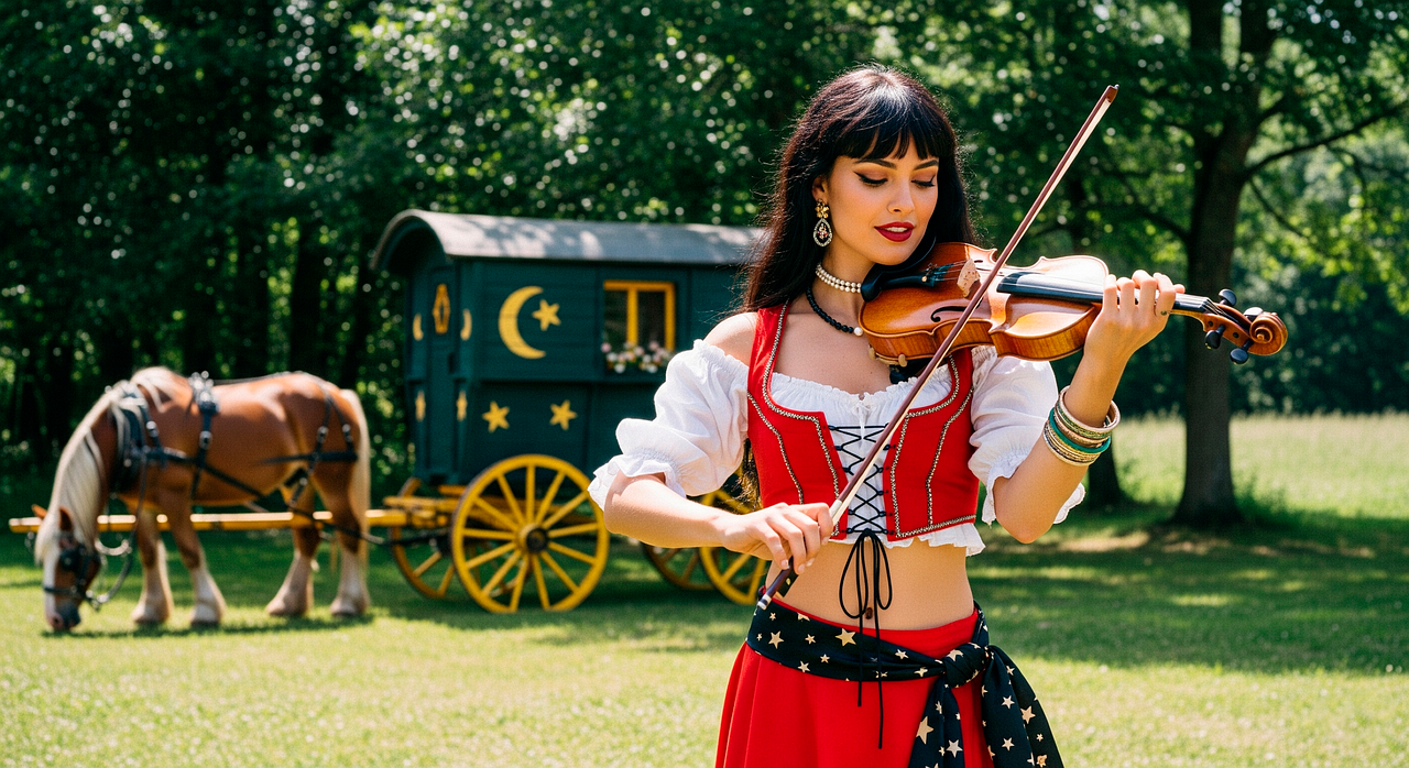 gypsy, woman, nature, violinist, forest, roma, fiddler, musician, draft horse, house on wheels, wallpaper, ai generated