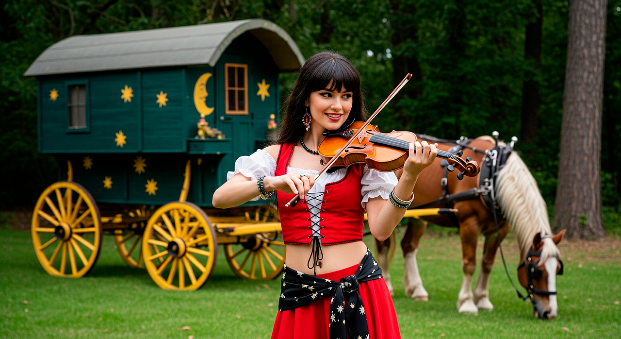 gypsy, nature, woman, violinist, forest, roma, fiddler, musician, draft horse, house on wheels, wallpaper, ai generated