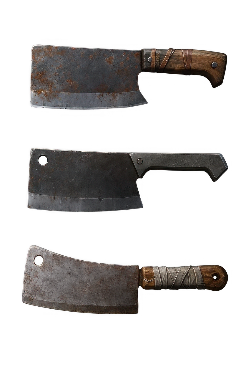 cleaver, butcher knife, rusty blade, old tools, kitchen weapon, meat cleaver, aged steel, horror prop, chopping knife, vintage cleaver, dark aesthetic, butcher gear, cooking weapon, horror, medieval tool, blade set, antique, isolated object, apocalyptic, raw edge, rustic kitchen, ai generated
