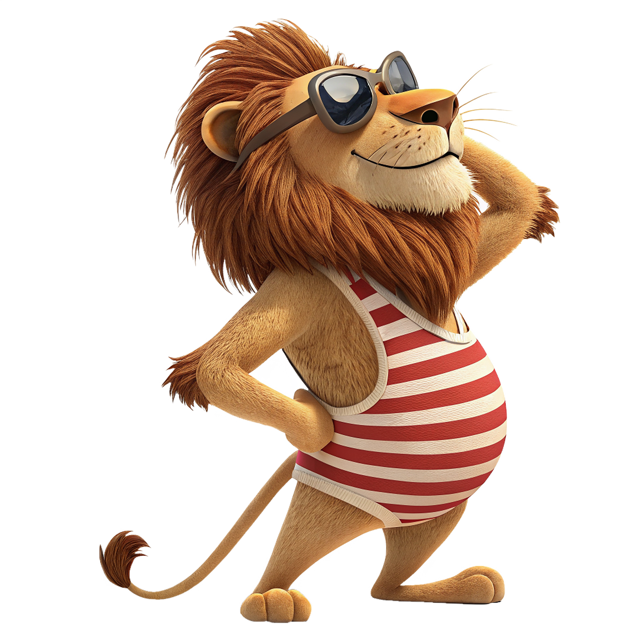 ai generated, lion, mane, predator, feline, animal, wild, fauna, nature, swimsuit, glasses, summer, vacation, character, cartoon