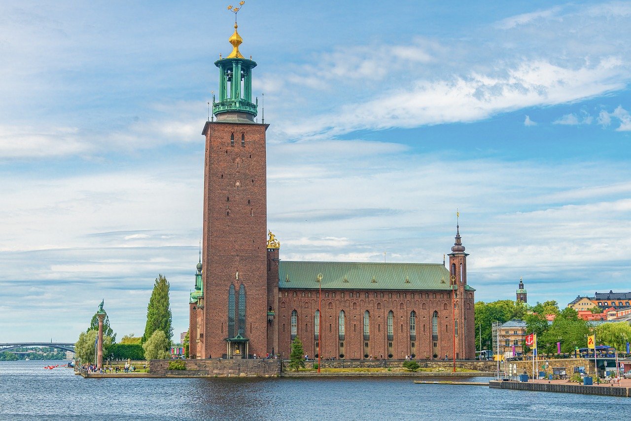 water, building, architecture, city, urban, facade, town hall, historical, capital city, tourism, brick, scandinavia, sweden, public