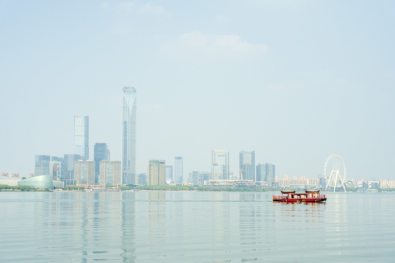 china, asia, suzhou, to travel, city, building, urban, architecture, panorama, facade, skyline, nature, skyscraper, horizon, property, modern, cityscape, vacations, water, flow, sea, tourism, trip, boat, ship, lake