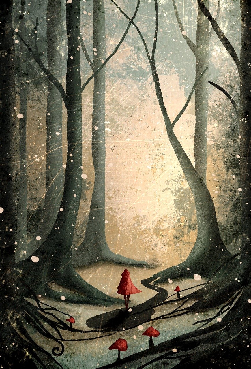 little red riding hood, forest, nature, fantasy, woods, dark, story, girl, alone, trees
