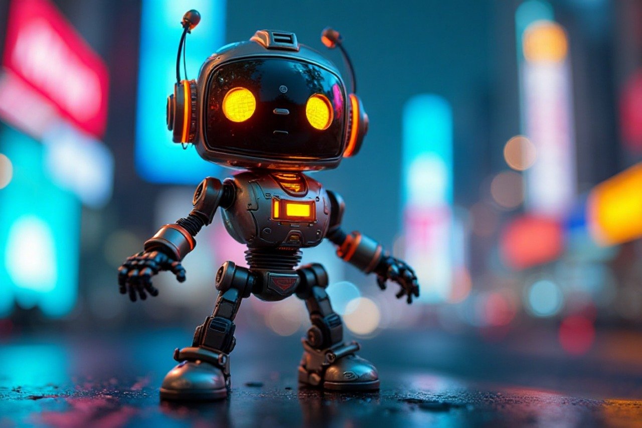 ai generated, robot, future, science fiction, robotics, technology, futuristic, digitization, city, night, lights, building, architecture, background, cute