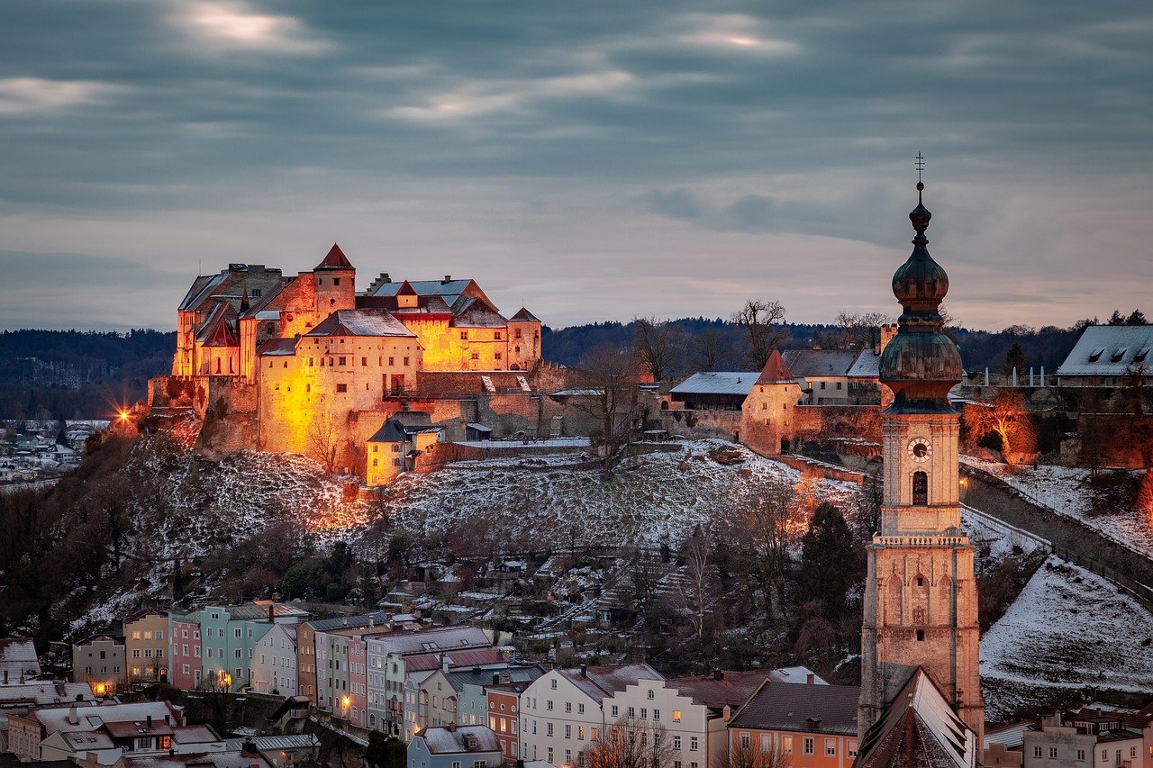 burghausen, city, germany, bavaria, church, castle, castle complex, eve, evening atmosphere, photography, city panorama, upper bavaria, landscape, sunset, middle ages, church tower, architecture, building, historical