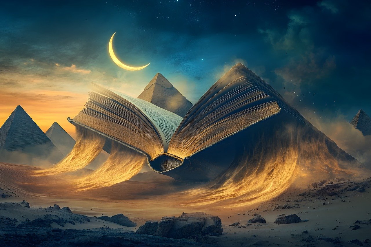 ai generated, book, read, floating, desert, nature, sand, dusk, pyramids, landscape