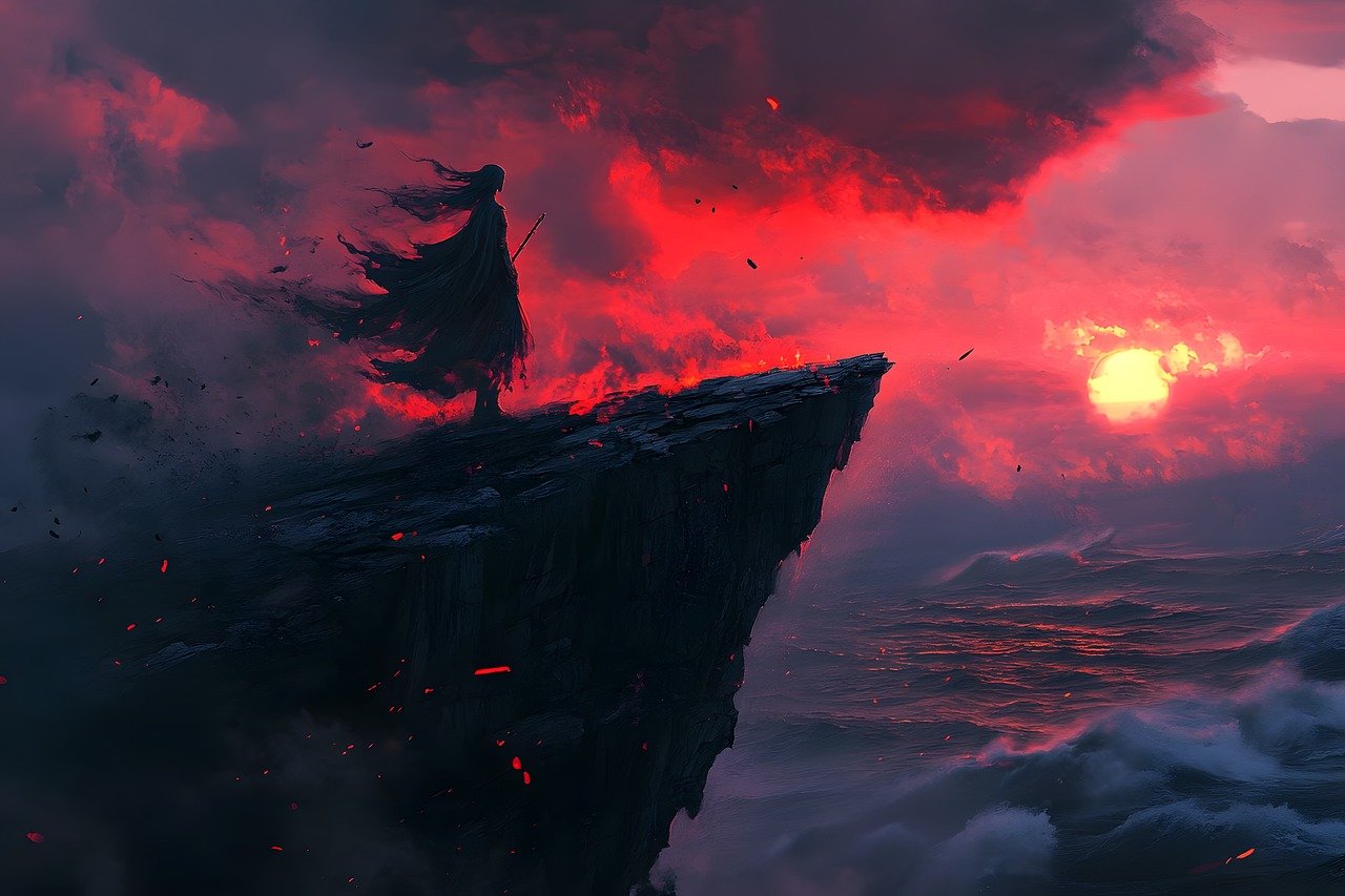 ai generated, woman, warrior, fantasy, nature, edge, cliff, sea, torn, twilight, landscape