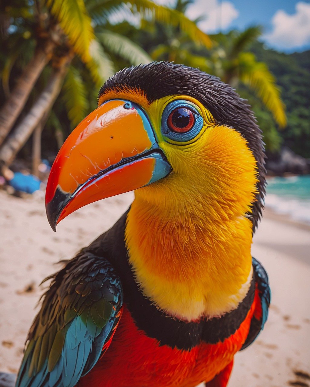 ai generated, toucan, bird, summer, sun, sunshine, nature, outdoors, vacation, summer holidays, to travel, climate, hot, warm, sunny, background, beach, sand, sea, ocean, summer pictures, animal, wildlife, beak, exotic