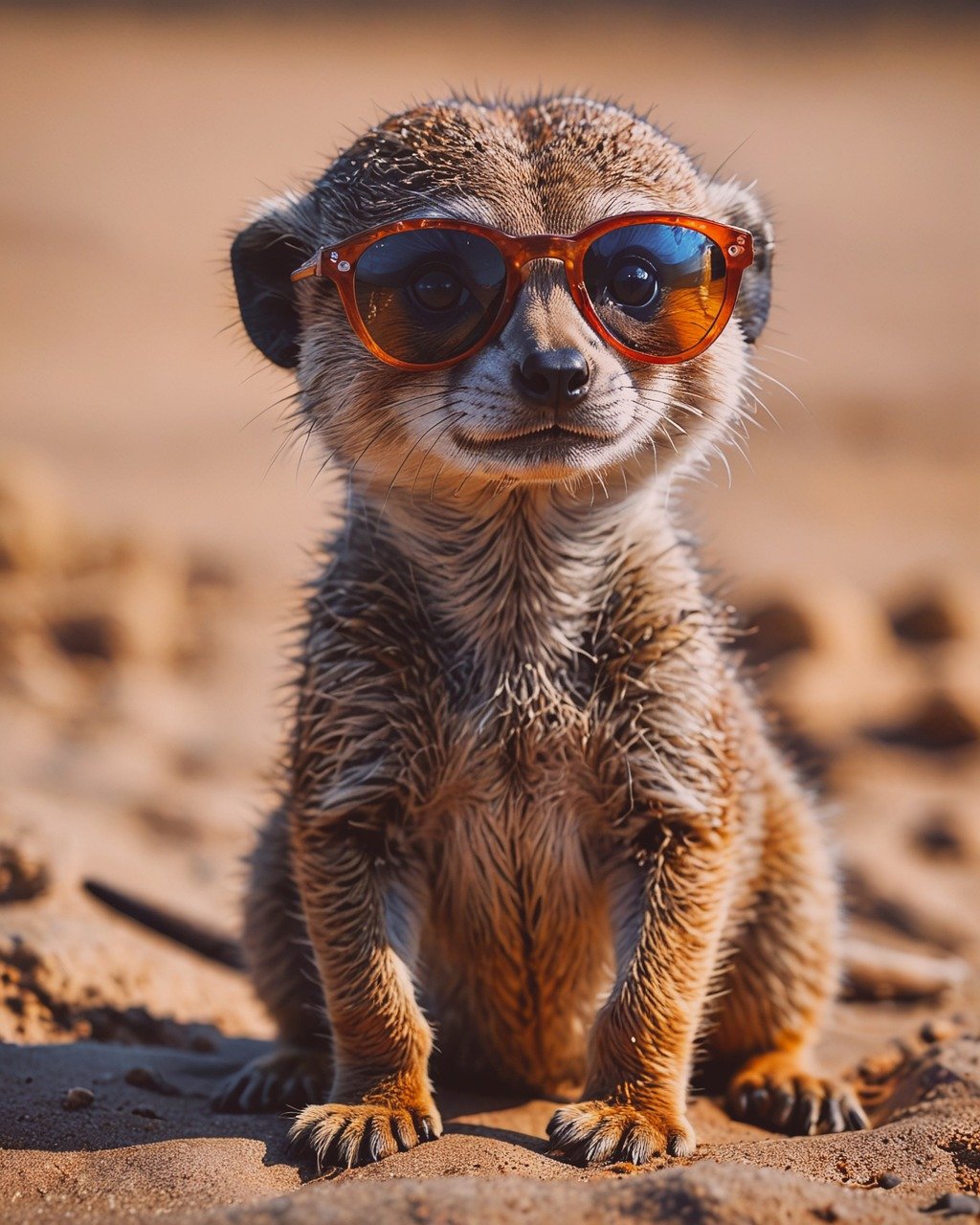 ai generated, summer, sun, sunshine, nature, outdoors, vacation, summer holidays, to travel, climate, warm, sunny, beach, sand, sea, ocean, sunglasses, background, meerkat, animal, mammal, wildlife, fur, wilderness, cute
