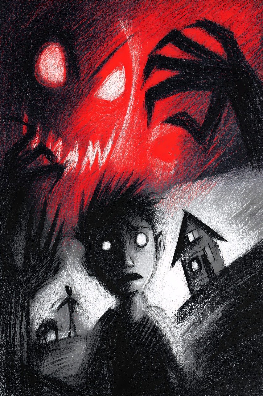 ai generated, horror, monster, haunted, scary, nightmare, dark, shadow, silhouette, evil, supernatural, creature, spooky, house, gothic, red, glowing, eyes, atmospheric, sinister, fear, terror, artwork, digital, fantasy