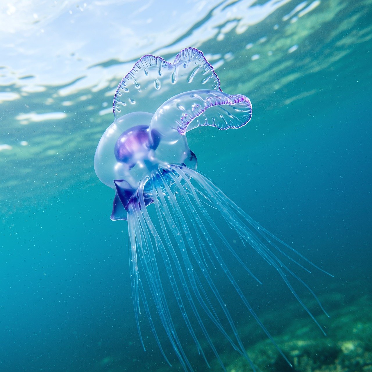ai gegenereerd, kwallen, onderwater, zee, blauw, water, vis, dier, natuur, oceaan, onderzeese, gelei, giftig, aquatisch, zwemmen, dieren in het wild, sea life, tentakel, diep, transparant, aquarium, marinier, leven, ongewervelden, medusa
