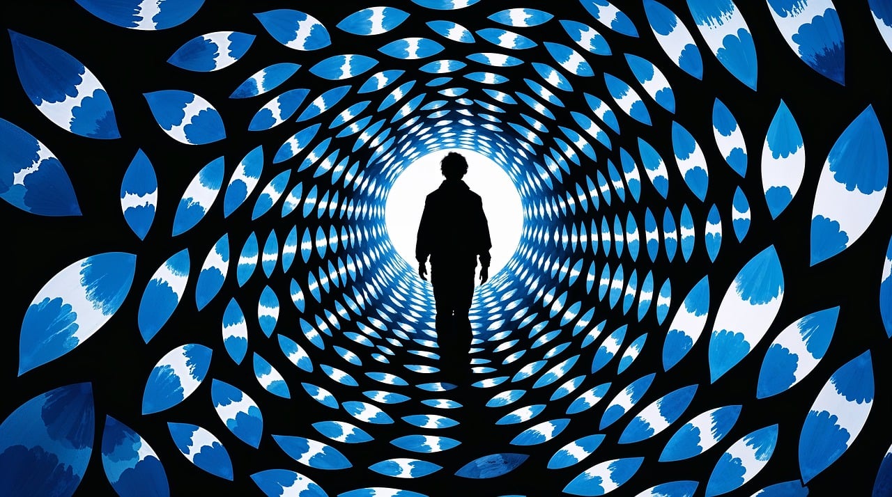 ai generated, silhouette, tunnel, blue, white, abstract, pattern, light, dark, illusion, depth, journey, portal, futuristic, geometric, repetitive, centralized, person, hope, mystery, vision