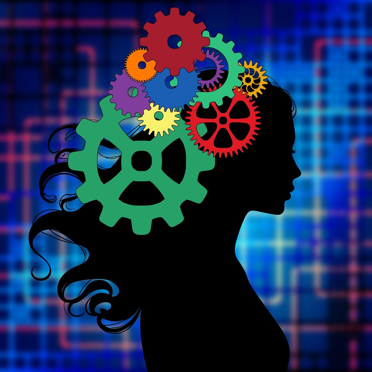 ai generated, mind, thinking, gears, silhouette, woman, colorful, intelligence, mechanism, creativity, complexity, process, brain, innovation, mental, engineering, idea, strategy, solution, intellect, development