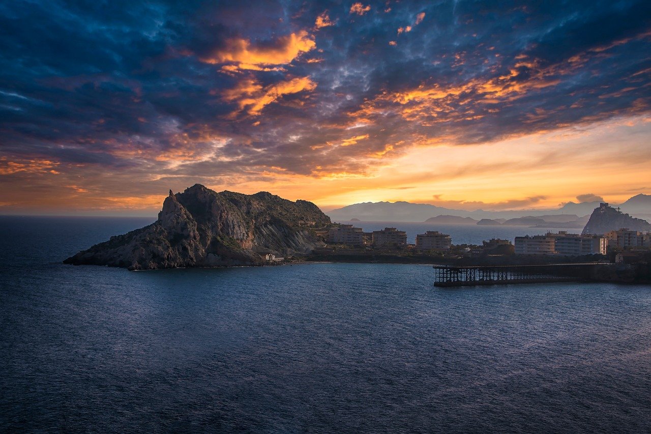 sunset, sea, mountain, clouds, jetty, spring, fog, landscape