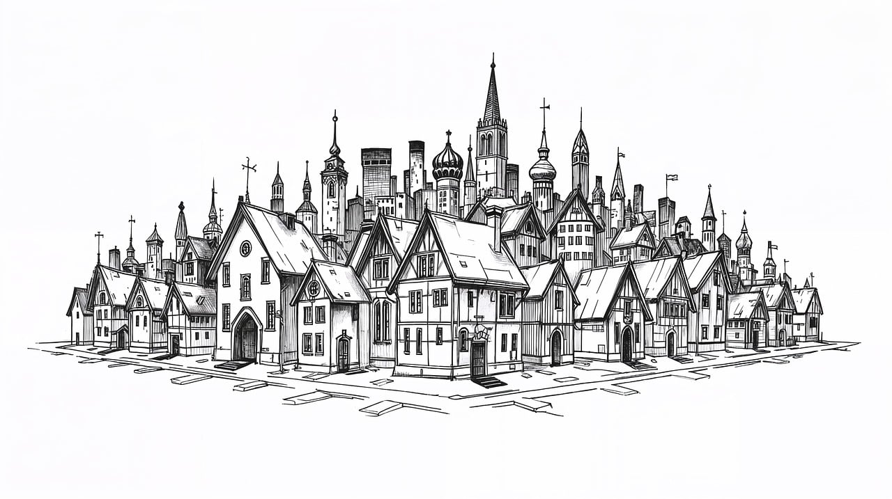 ai generated, cityscape, sketch, ink, black and white, architecture, urban, detailed, fantasy, quaint, buildings, rooftops, spires, windows, charming, intricate, perspective, drawing, imaginative, whimsical