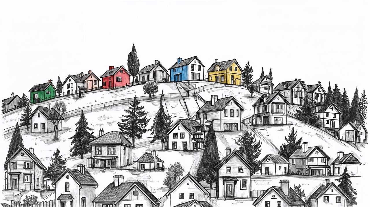 ai generated, cityscape, sketch, ink, black and white, architecture, urban, detailed, fantasy, quaint, buildings, rooftops, spires, windows, charming, intricate, perspective, drawing, imaginative, whimsical