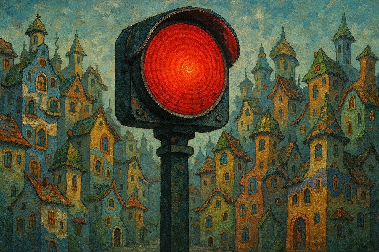 stop, red light, cityscape, sketch, ink, black and white, architecture, urban, detailed, fantasy, quaint, buildings, rooftops, spires, windows, charming, intricate, perspective, drawing, imaginative, whimsical, ai generated