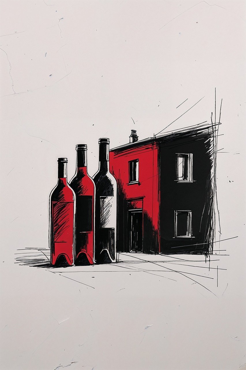 ai generated, wine bottles, still life, sketch, ink, red, black, white, art, drawing, alcohol, beverage, label, glass, collection, drink, vintage, abstract, simple, lines