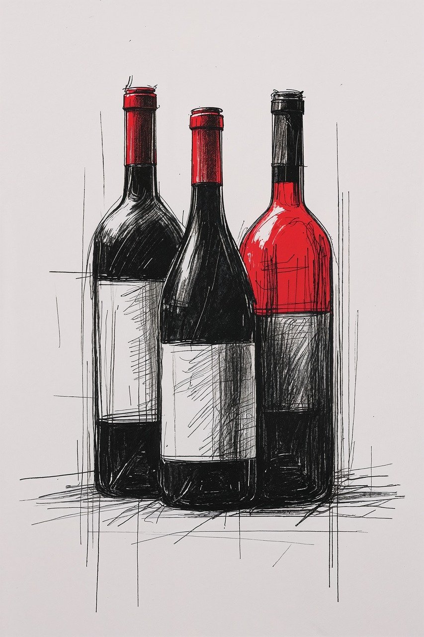 wine bottles, still life, sketch, ink, red, black, white, art, drawing, alcohol, beverage, label, glass, collection, drink, vintage, abstract, simple, lines, ai generated