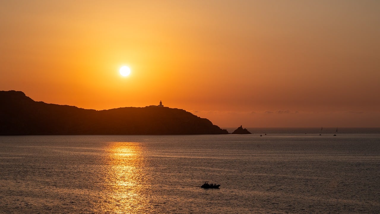 sunset, afterglow, sea, lighthouse, sun, romantic, eve, evening atmosphere, evening light, nature, landscape, corsica, mediterranean, island, calvi, france