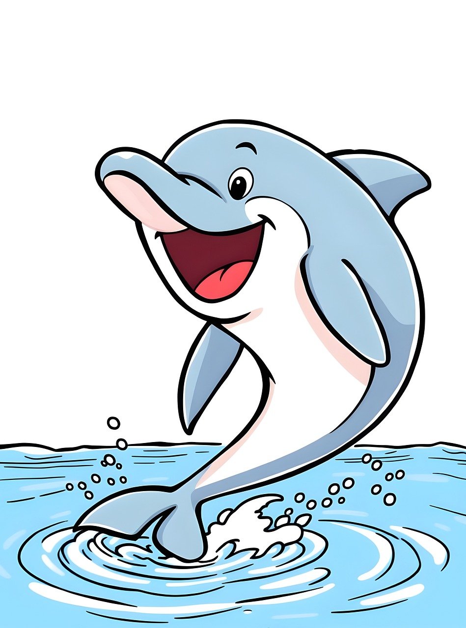 ai generated, dolphin, animal, mammal, wildlife, marine, cartoon, funny, cute, sea, ocean, aquatic, smiling, joy, happy, character, educational, jumping, leaping, greeting card, copy space