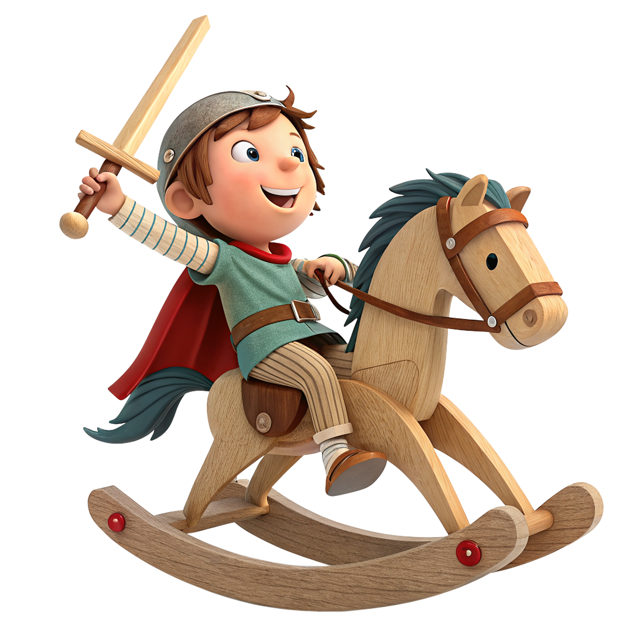 ai generated, boy, baby, childhood, wooden horse, horse, wood, saber, game, toy, smile, kids, play