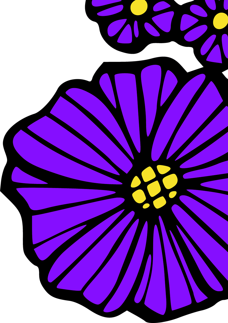 flowers, nature, bloom, blossom, plant, flora, petals, summer, spring, garden, purple, colorful, cartoon, line art, decorative, accent, corner, border, cutout