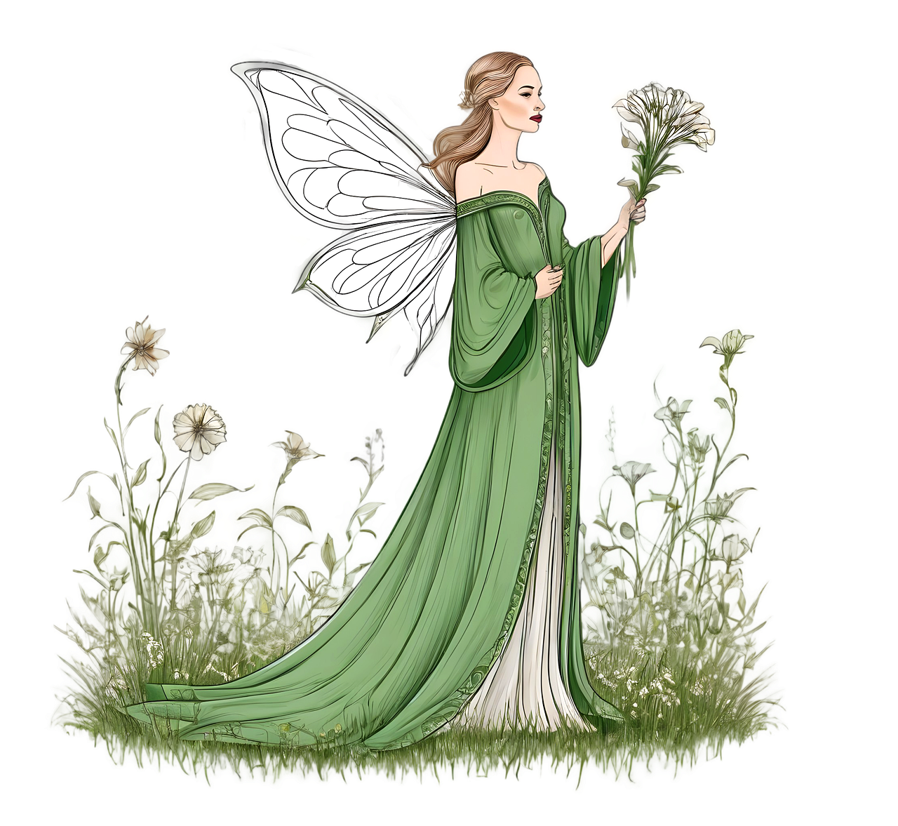 ai generated, fairy, drawn, lilies, meadow, green, cartoon drawing, nature, fantasy, magic, woman, female, grass, isolated, drawing, cut out, background, flower